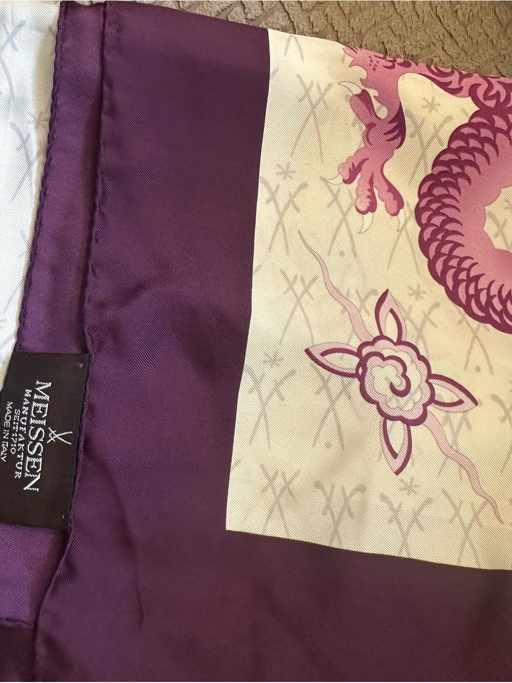 Meissen Purple and Cream Dragon Print Silk Scarf